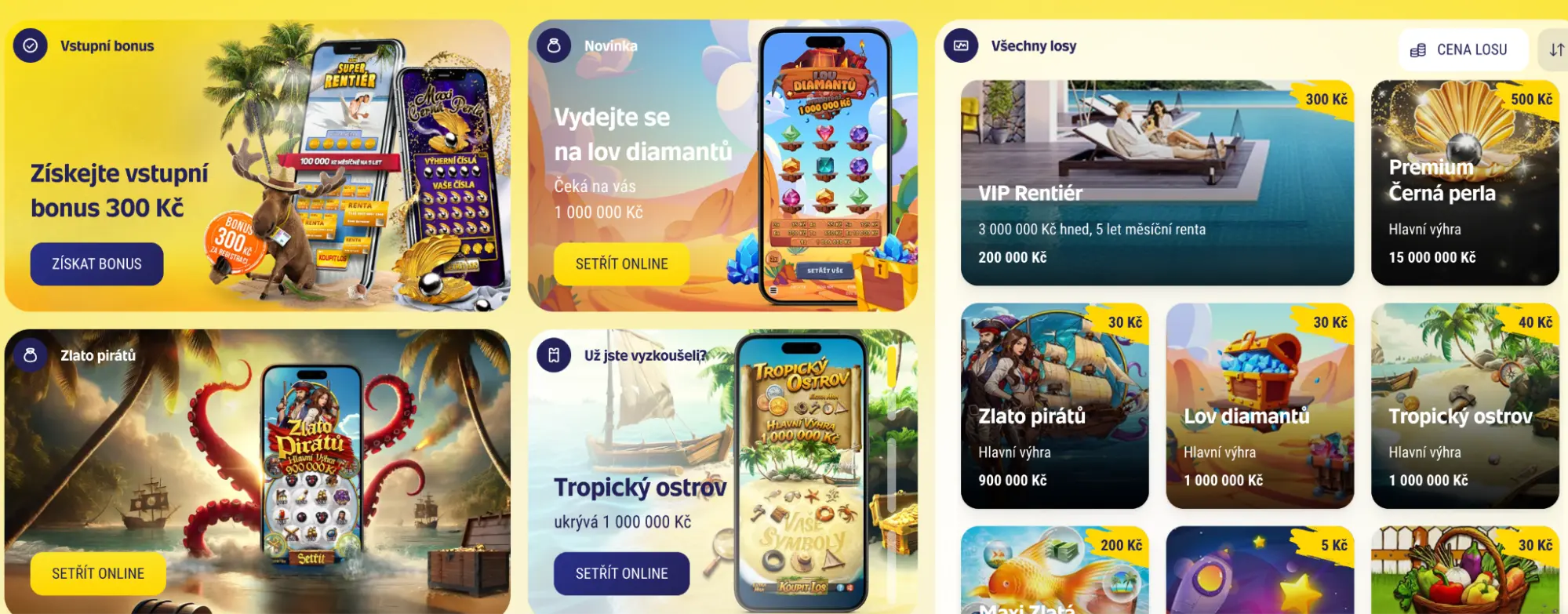 Setřete online a vyhrajte – losy s výhrami až 15 milionů Kč a bonus 300 Kč za registraci Nabídka losů a promo akcí: vstupní bonus 300 Kč, losy jako Lov diamantů, Tropický ostrov, Zlatá perla a další s hlavními výhrami až 15 000 000 Kč